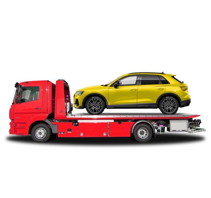 Illustration of a car carried on a flatbed recovery truck